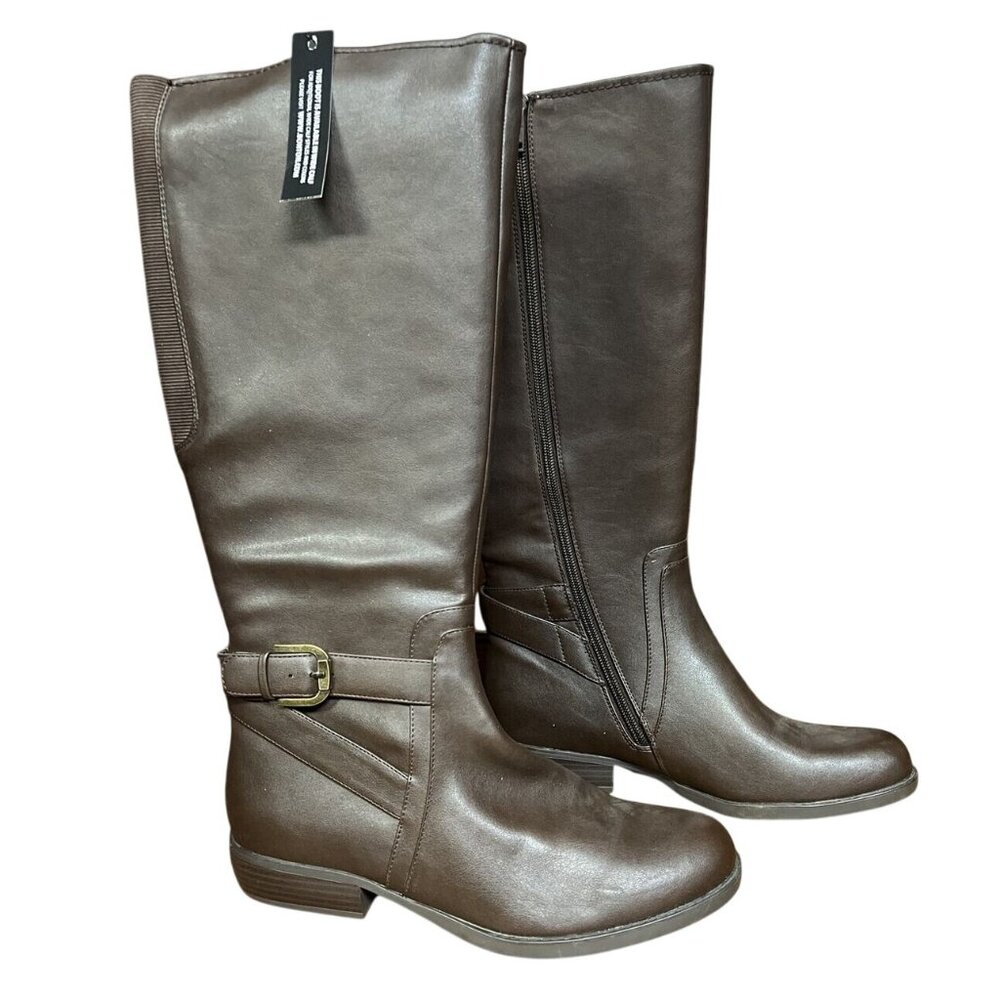 NWT Relativity Wide Calf  Dark Brown Knee High Boots Buckle Side Zip Size 8.5